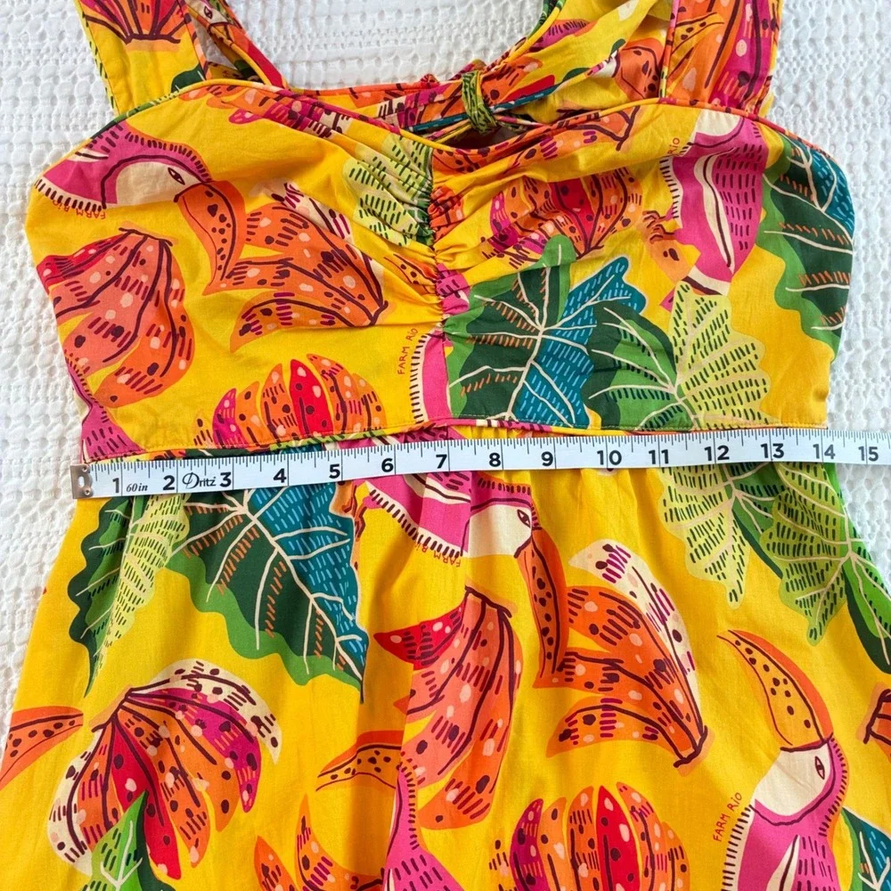 Farm Rio Yellow Tropical Toucan Banana Print Tiered Tie Back Maxi Dress Cotton